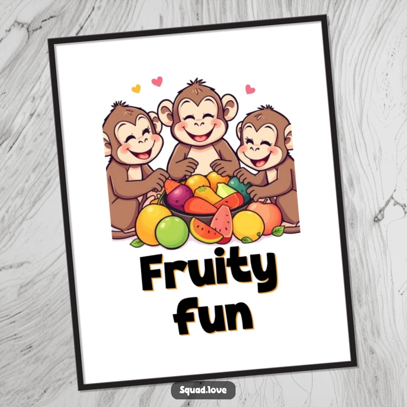 Funny Monkey Poster: Smiling monkeys enjoying a colorful fruit feast, bringing a sense of happiness and camaraderie to art.