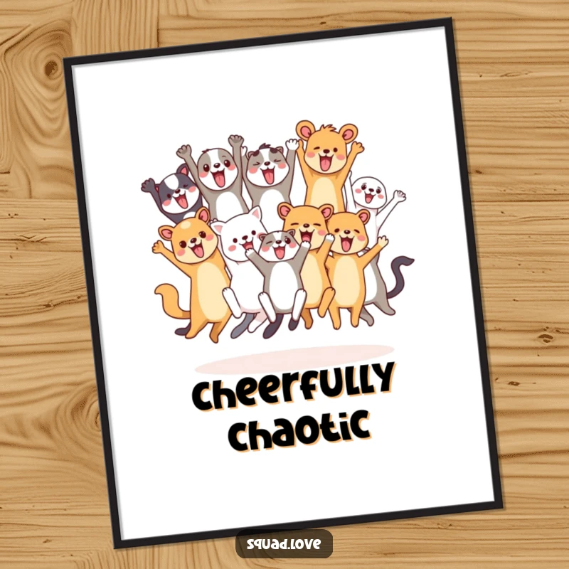 Funny poster art showing a diverse group of animals energetically leaping and cheering, creating a dynamic scene of shared celebration.