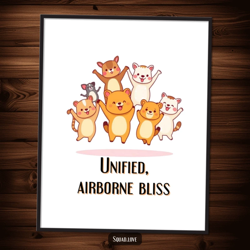 Funny diverse animal friends poster, holding hands and jumping joyfully, capturing energetic unity and shared happiness.