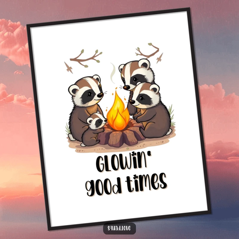 Funny poster art of a badger family cozily gathered around a warm campfire, celebrating harmony and outdoor comfort.