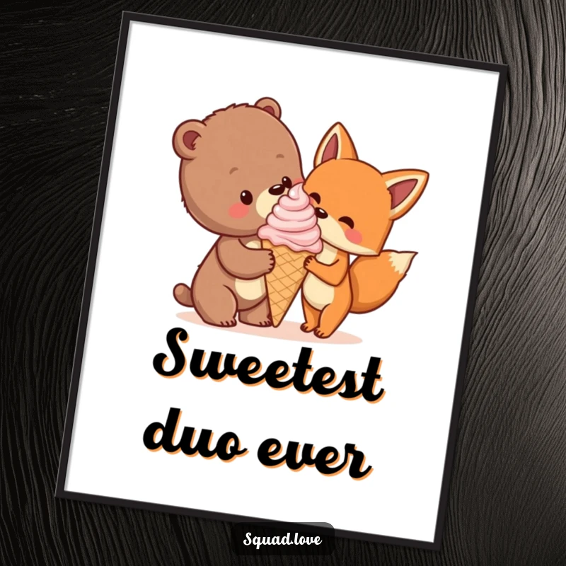 Funny poster showing a bear cub and fox delightedly sharing a colossal ice cream cone, celebrating friendship and sweet indulgence.