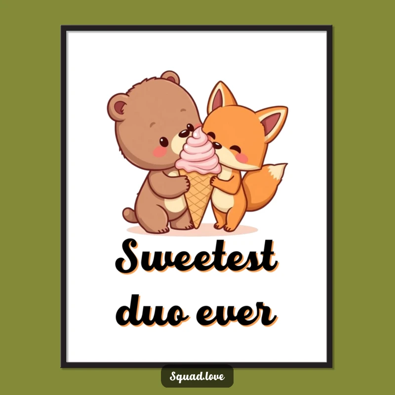 Funny Bear Cub & Fox Ice Cream Art Print, Whimsical Wall Decor Gift