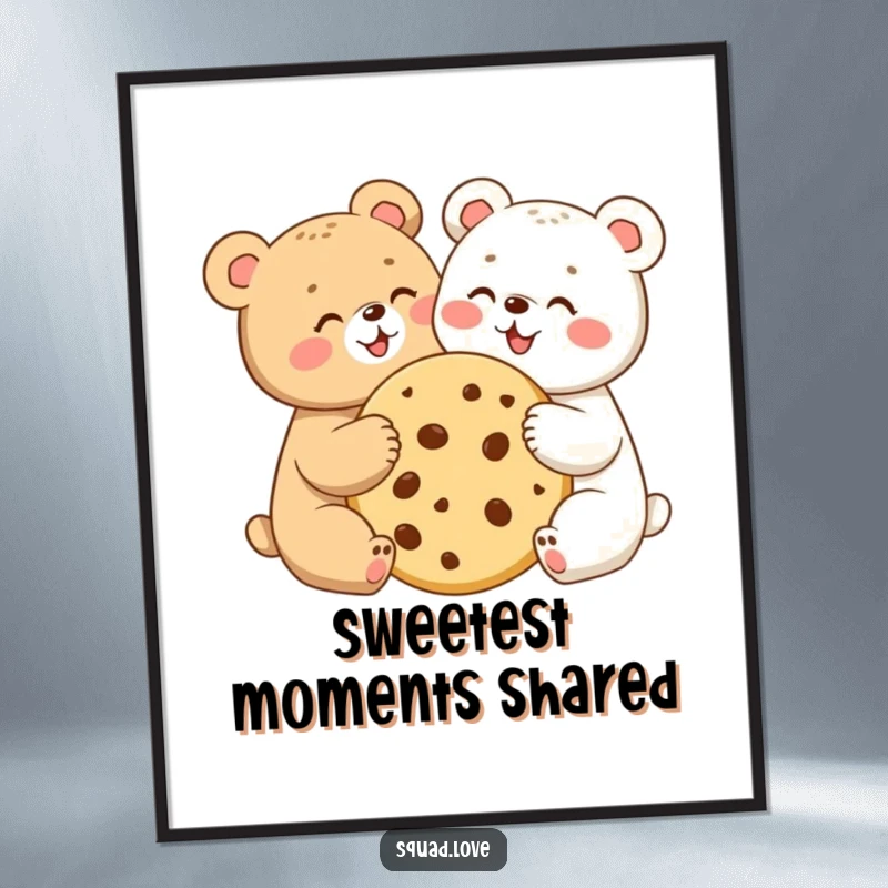 Two happy bear cubs sharing a giant cookie on a poster, celebrating friendship and the joy of sharing.