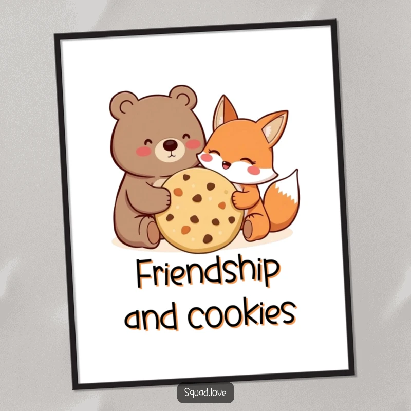 Funny Poster of a bear and a fox joyfully sharing a giant cookie, their faces expressing pure delight.