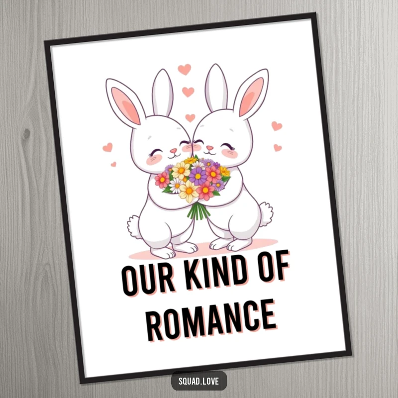 Funny poster showcasing a loving bunny couple sharing a beautiful bouquet of flowers, perfect for romantic and cute wall art.