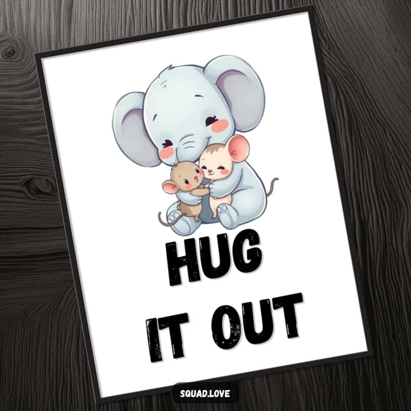 Funny Elephant and Mouse Poster: A large elephant gently embraces a small mouse, creating a touching piece of heartwarming art.