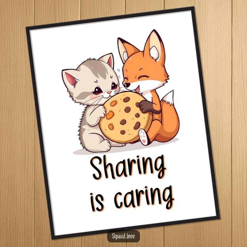 Funny kitten and fox poster art depicting a playful kitten and a fox happily sharing a giant cookie, celebrating friendship.