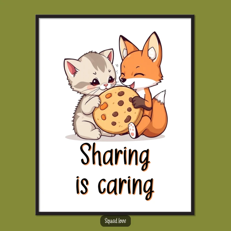 Funny Kitten & Fox Cookie Poster: Playful Friends Share Treat, Charming Funny Gift