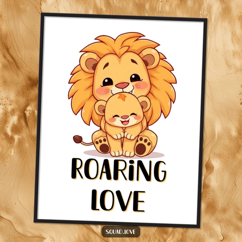 Funny lion family poster, depicting a proud lion cub hugged by a larger lion, both beaming, ideal for adding warmth and pride to decor.