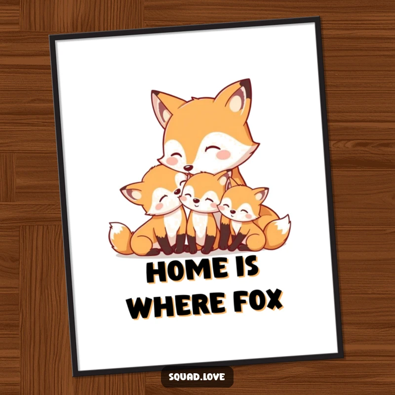 Funny poster art depicting a mother fox tenderly nuzzling her smiling kits, conveying warmth and contentment.