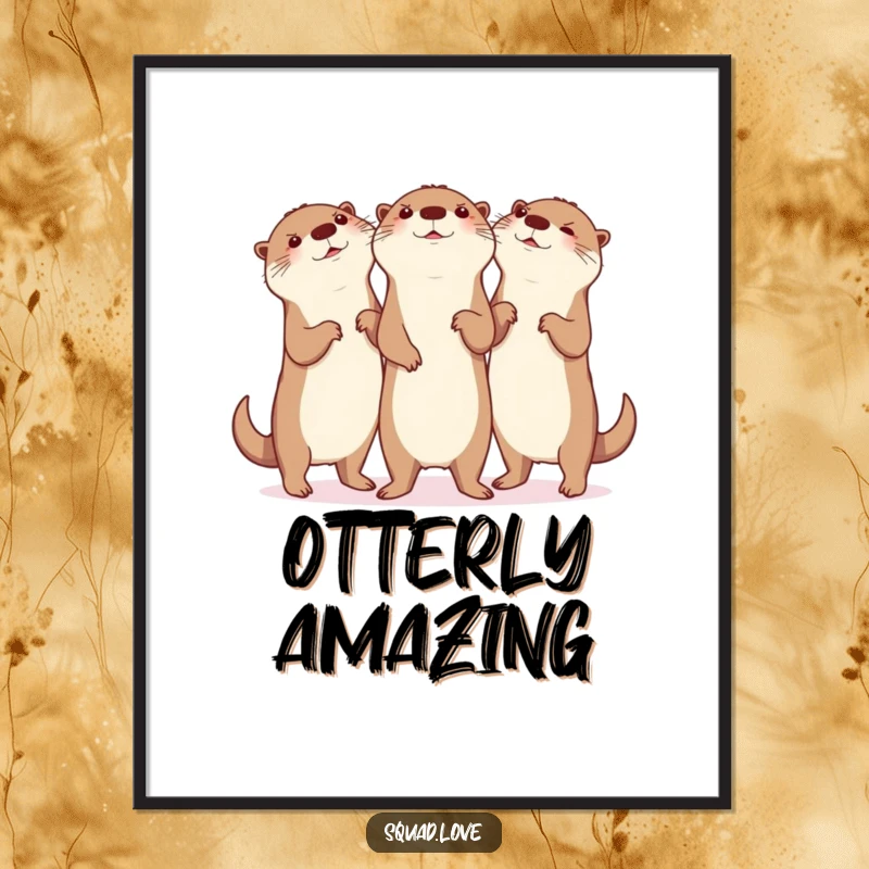 Funny otter dance poster, featuring a trio of otters performing a synchronized silly dance with utmost glee, ideal for joyful wall decor.