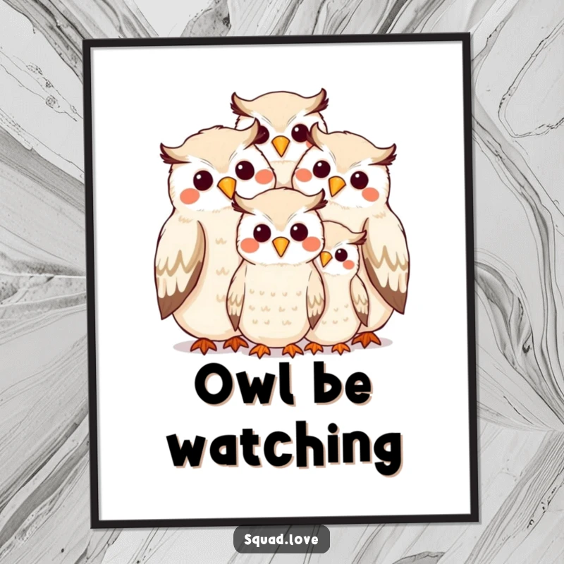 Funny artwork of a smiling owl family huddled together, beak to beak, on a high-quality poster print.