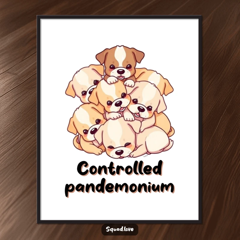 Funny Puppy Pile Poster: A charming print of a playful heap of puppies tumbling over each other, radiating joy and canine energy.