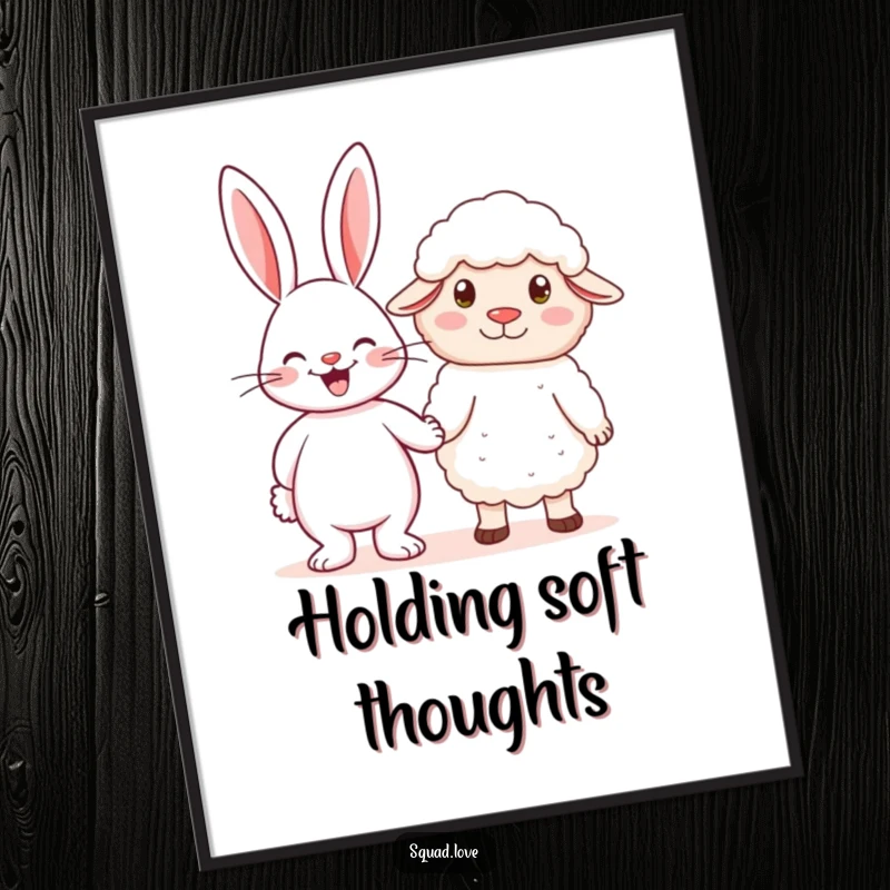 Funny poster art depicting a cheerful rabbit holding hands with a fluffy sheep, symbolizing friendship and gentle affection.