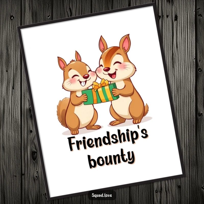 Funny Squirrel Chipmunk Gift Poster: A charming print of a happy squirrel and chipmunk exchanging gifts, radiating friendship and delightful cheer.