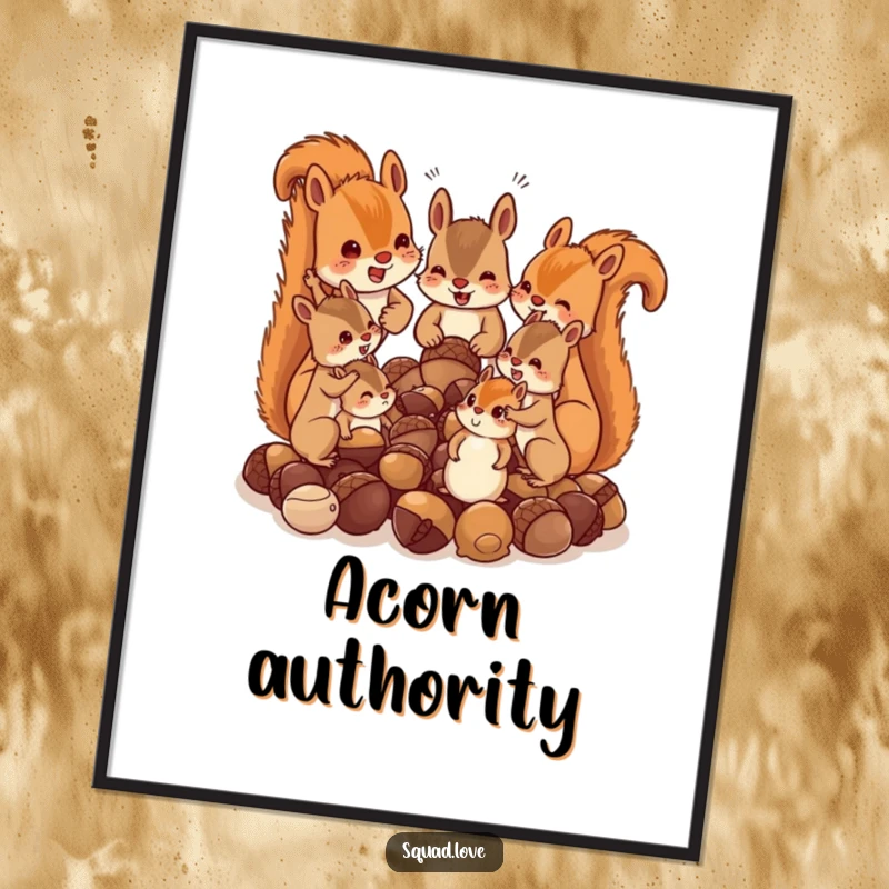 Funny poster featuring a squirrel family eagerly sharing acorns and chattering, capturing the lively and humorous spirit of woodland life.