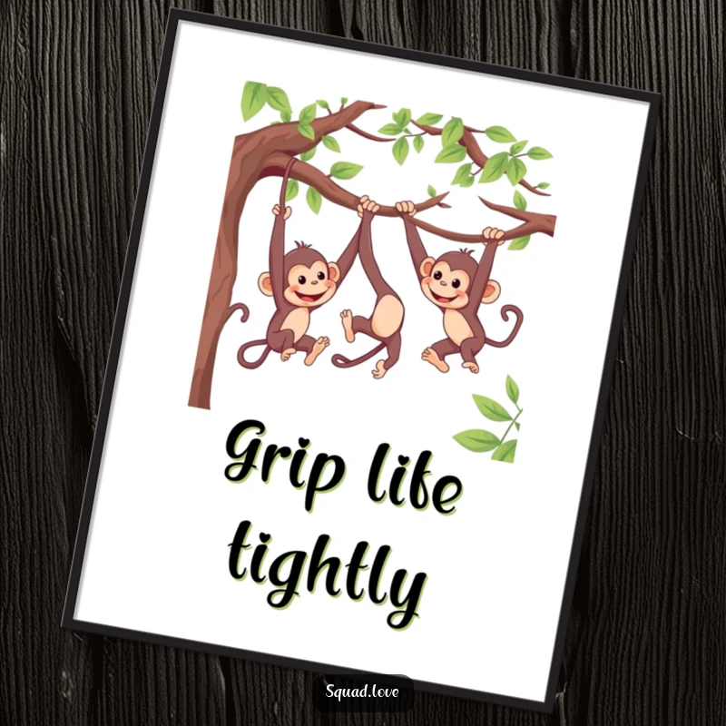 Funny poster depicting lively monkeys swinging from branches, playfully reaching out to each other, a piece of humorous, energetic art.