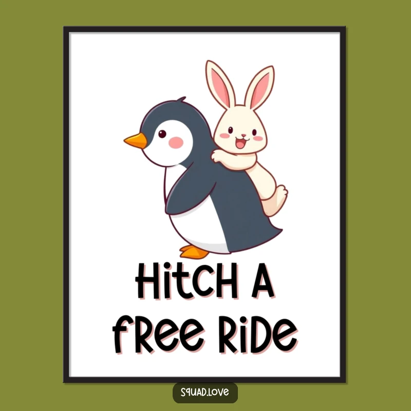 Funny Penguin & Rabbit Piggyback Art Print, Whimsical Wall Decor Gift