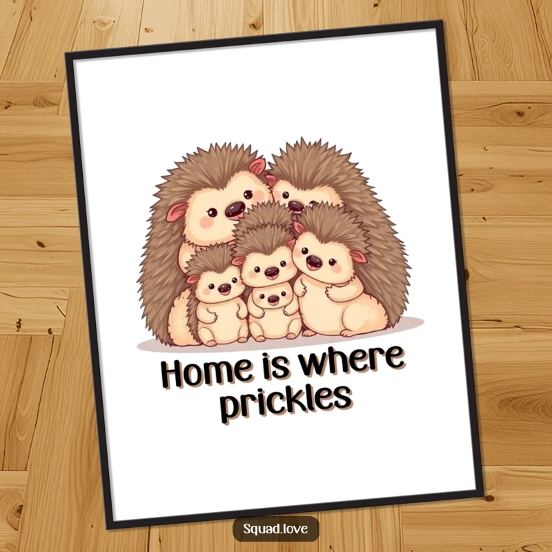 Funny poster print of a content family of hedgehogs nestled together, radiating warmth and cozy vibes. Adds charm.