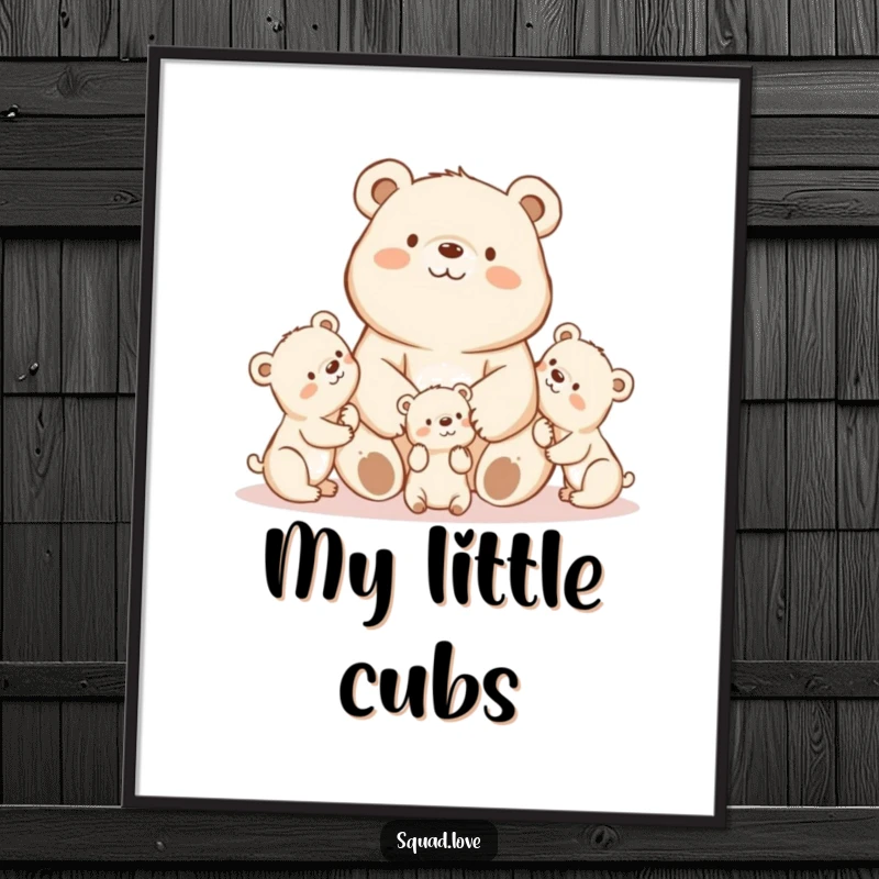 A proud kawaii mama bear sweetly observing her playful cubs, presented as heartwarming wall art.