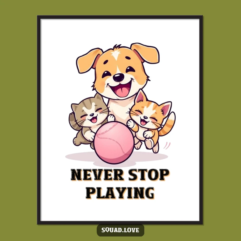 Funny Pet Chase Poster: Hilarious Dog and Cat Ball Play Art