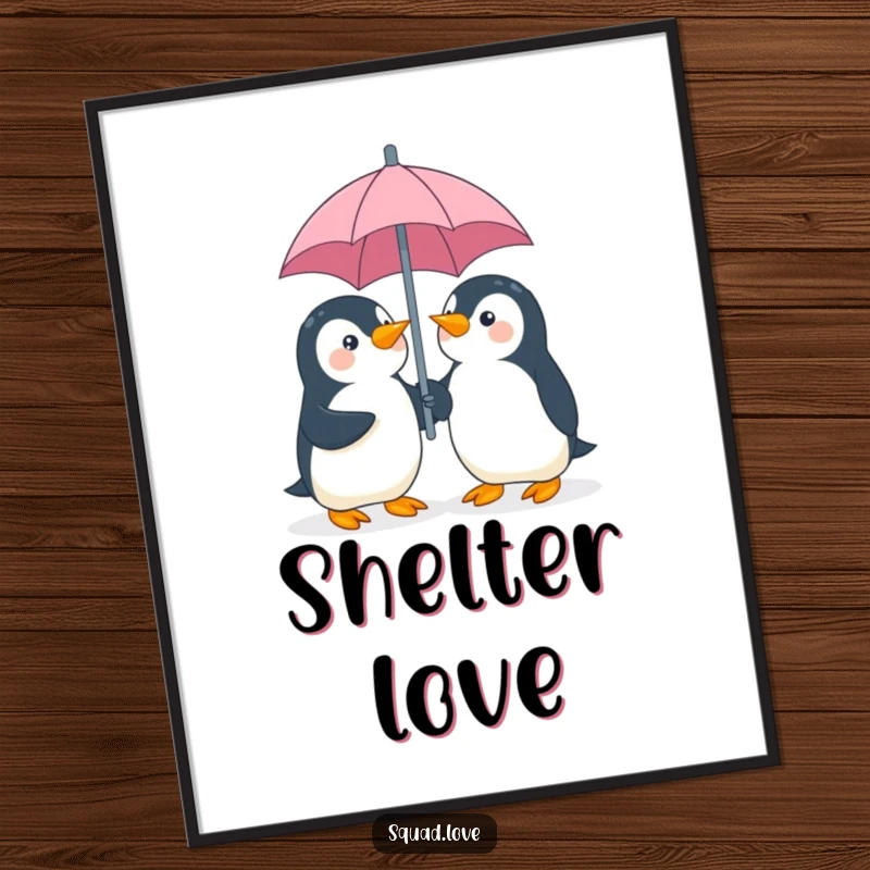Funny penguin umbrella poster, featuring two playful penguins giggling and sharing an umbrella, ideal for adding cheerful wall decor.