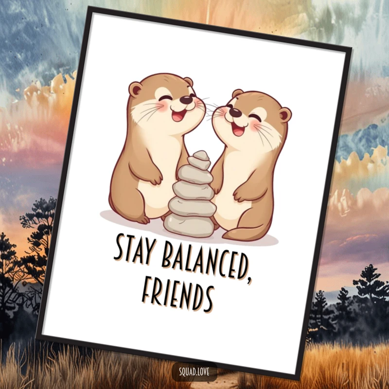 Funny poster art of two laughing otter pals balancing stones, celebrating friendship, skill, and lighthearted amusement.