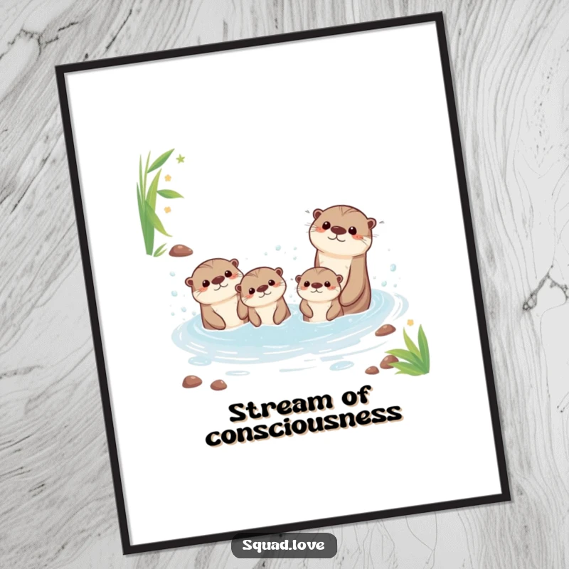 Funny poster showcasing an adorable kawaii otter family having a blast splashing in a bubbly, flowing stream, perfect for decor.