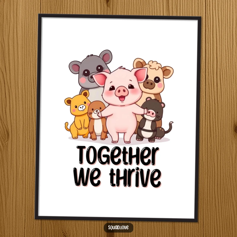 Funny piglet and friends poster art depicting a happy piglet holding hands with a diverse array of animals, celebrating unity.