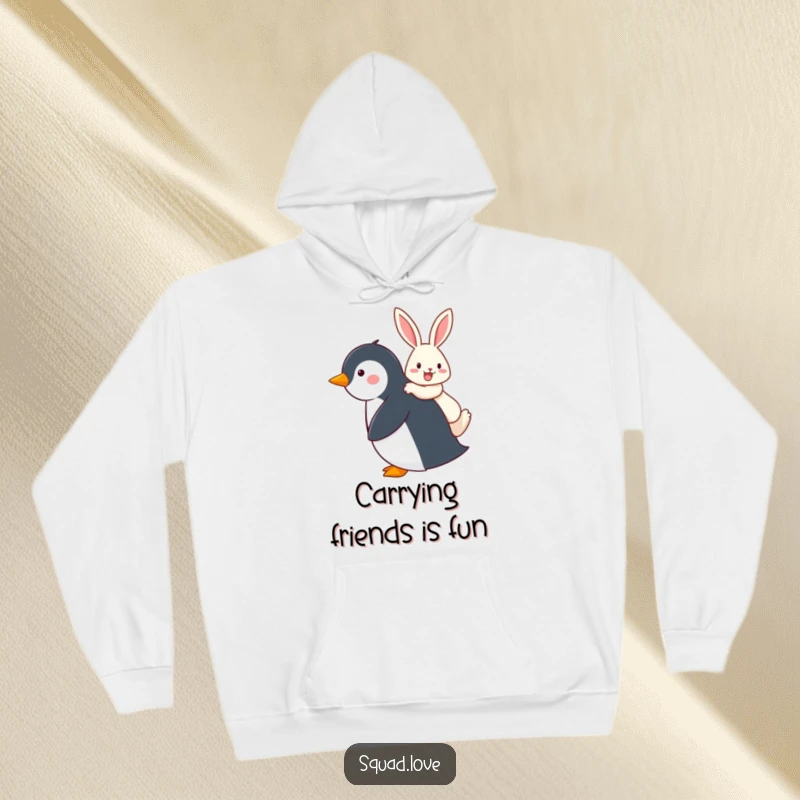 Funny hoodie depicting a penguin giving a happy rabbit a piggyback ride, symbolizing warmth, friendship, and playful journeys.