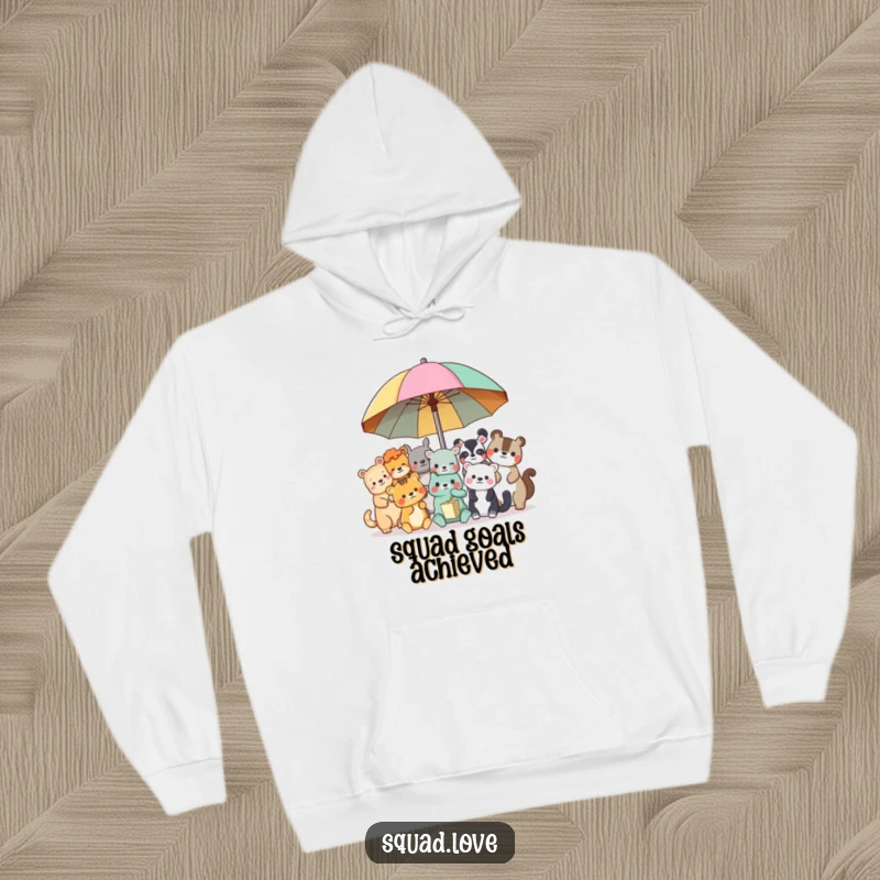 Funny animal friends hoodie, depicting various happy animals huddled under a big, colorful umbrella for warmth.