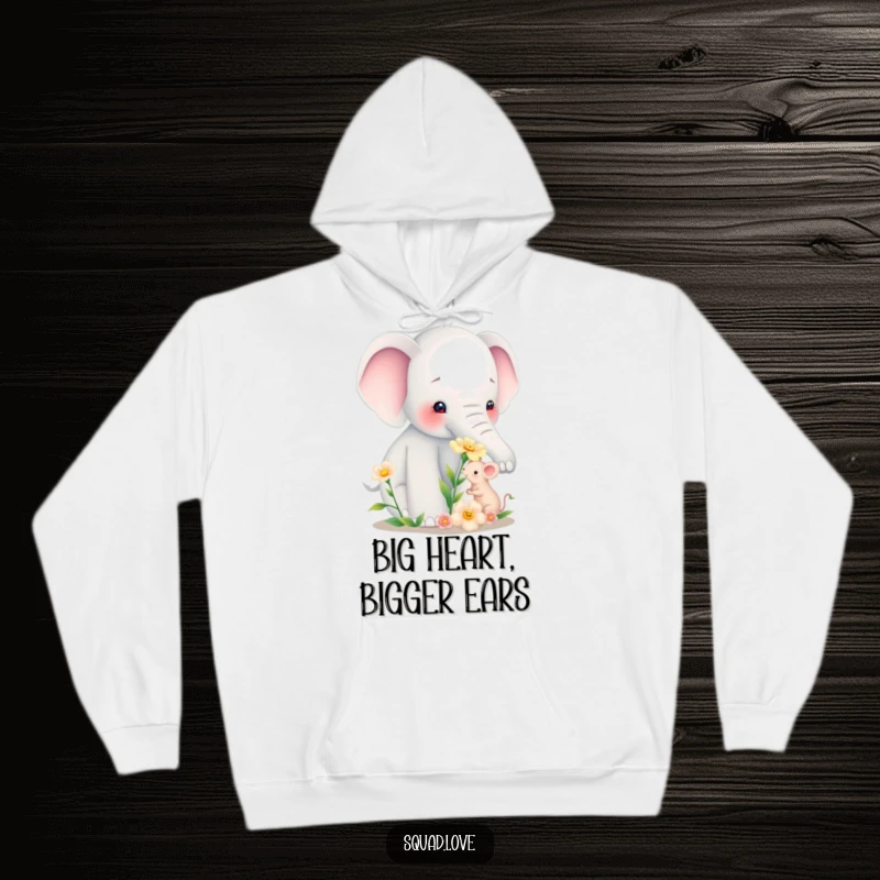 Funny hoodie depicting a large elephant gently offering a bloom to a minuscule mouse, showcasing a heartwarming interspecies friendship.