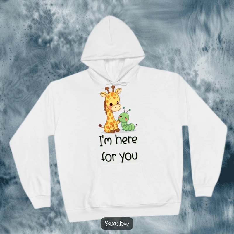 Funny hoodie showing a tall, caring giraffe offering a comforting pat to a small, sad caterpillar, symbolizing friendship.