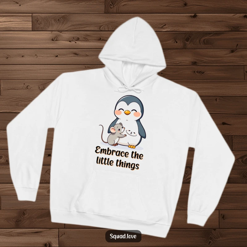 Funny hoodie illustrating a happy kawaii penguin giving a comforting hug to a shy little mouse, radiating warmth and cuteness.