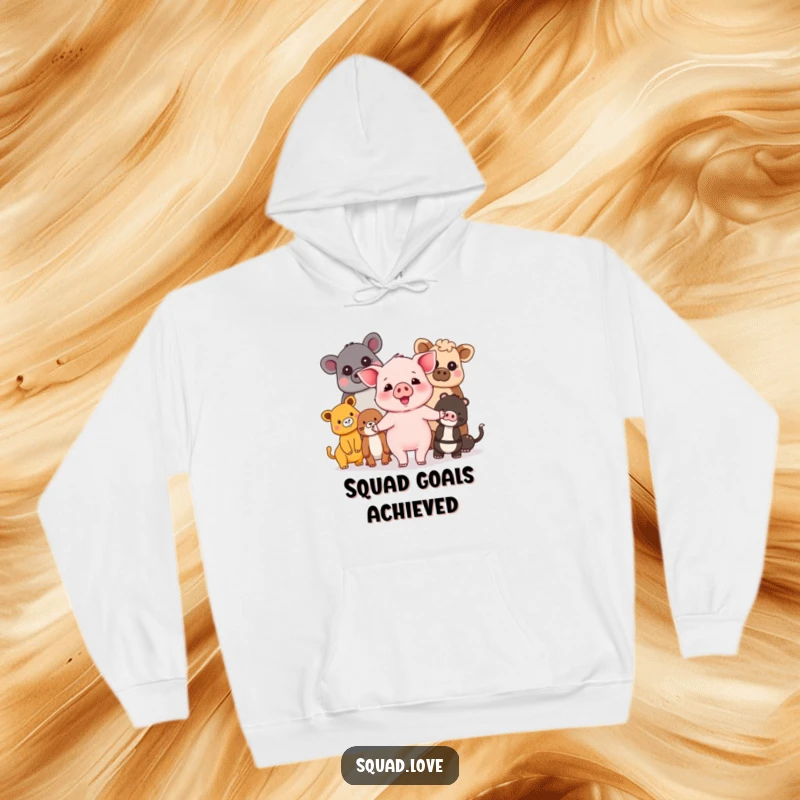 Funny piglet and friends hoodie showing a happy piglet holding hands with a diverse group of animals, perfect for cozy unity.