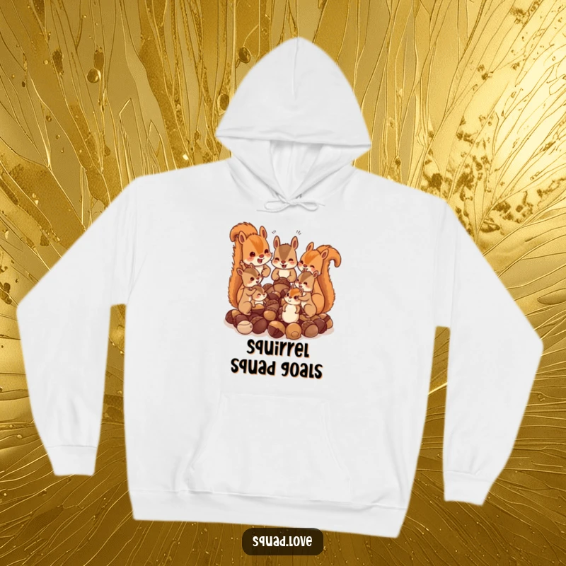 Funny hoodie showing a squirrel family in a frenzy over acorns, chattering excitedly, a humorous and cozy design for outdoor lovers.