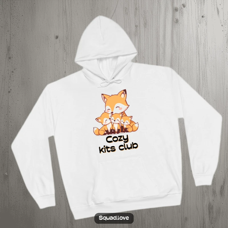Funny and cozy hoodie depicting a mother fox nuzzling her content, smiling kits, designed for comfort and love.