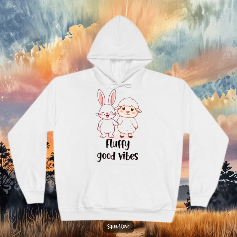 Funny, cozy hoodie with a cheerful rabbit holding hands with a fluffy sheep, symbolizing warmth, friendship, and gentle companionship.