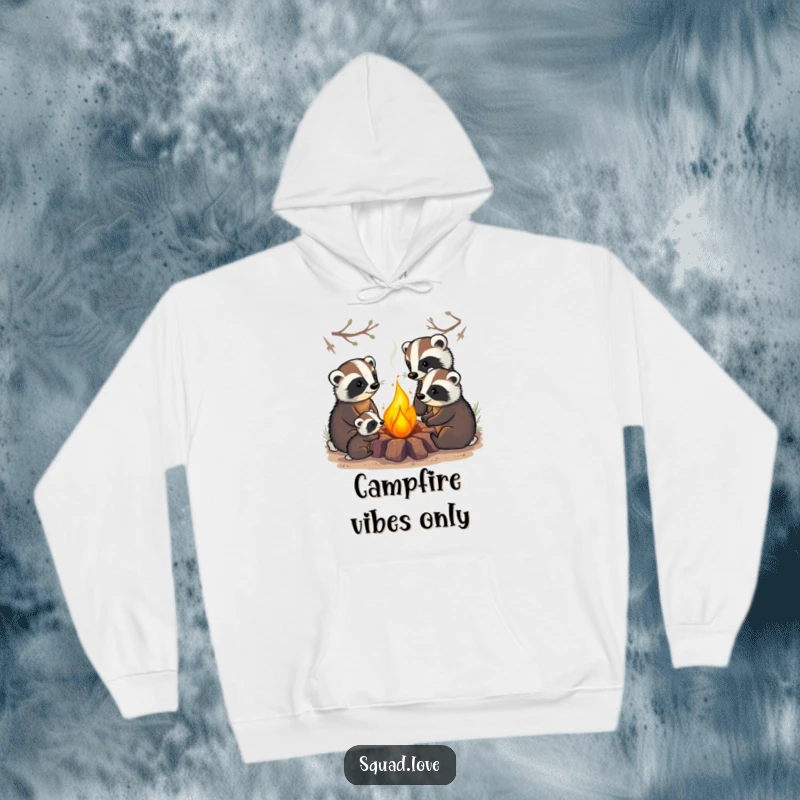 Funny hoodie with a badger family cozily gathered around a warm campfire, offering warmth and harmonious outdoor comfort.