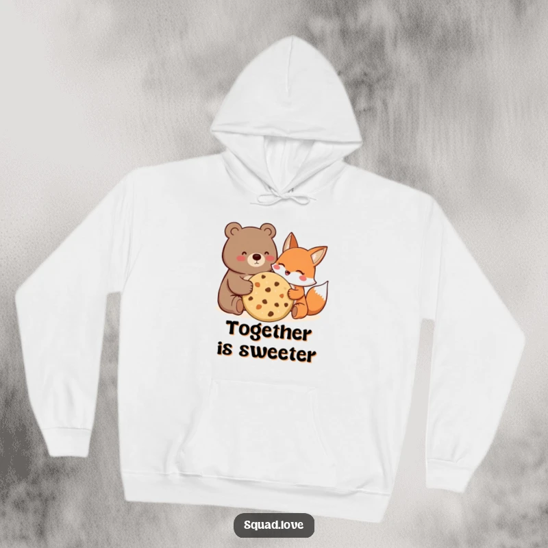 Funny Hoodie depicting a happy bear and fox sharing a huge cookie, their expressions full of shared delight.