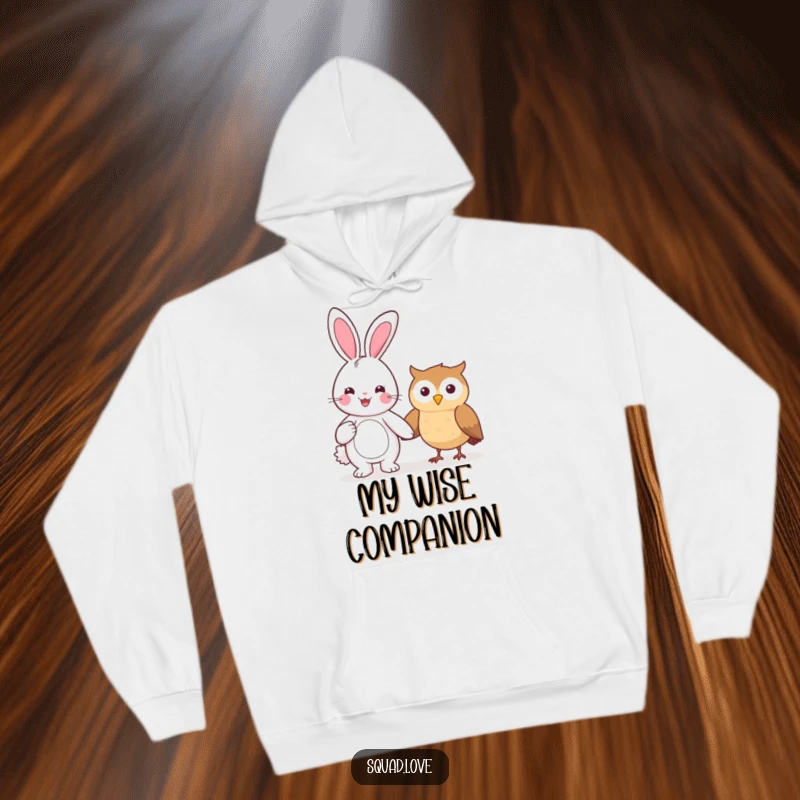 Funny hoodie with a beaming kawaii bunny holding hands with a smiling owl, perfect for cozy comfort.