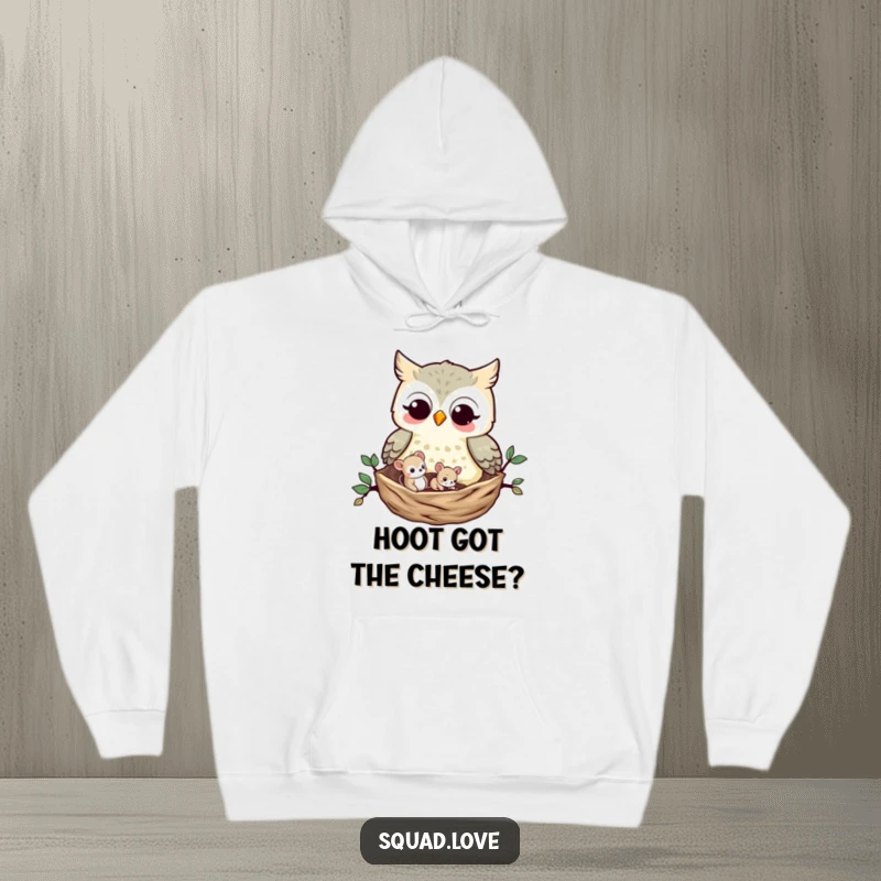 Funny Owl and Mouse Hoodie: A wise owl and a tiny mouse snuggle together in a nest, representing a delightful and peaceful woodland friendship.