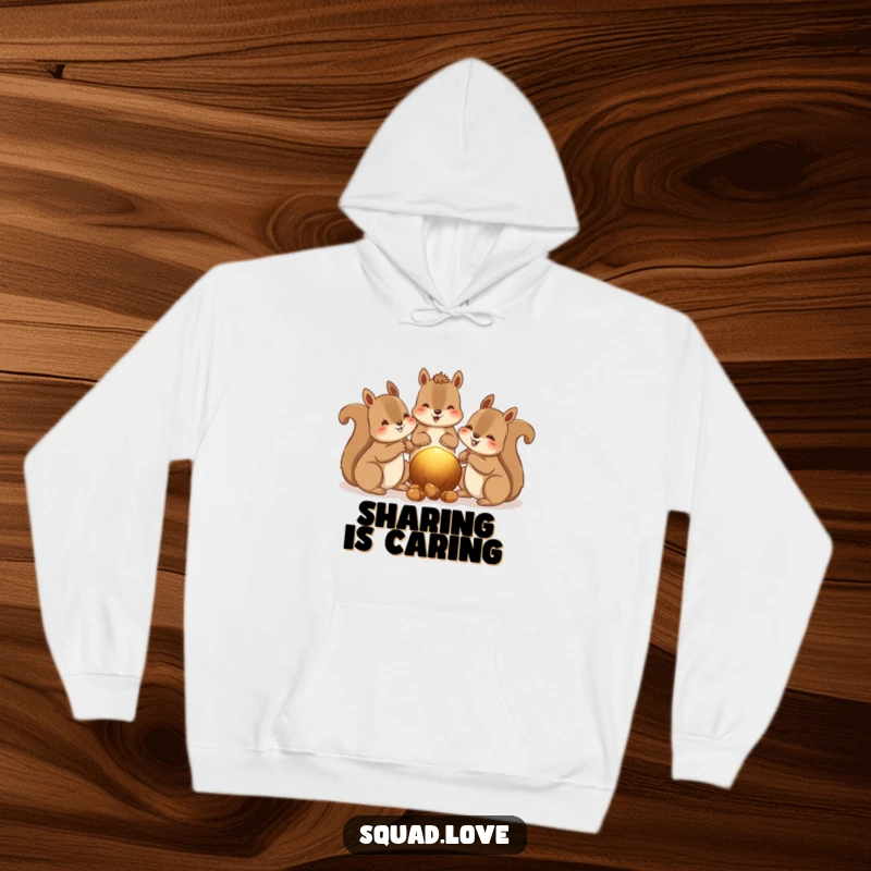 Funny hoodie featuring happy squirrels sharing nuts, surrounded by a warm glow, perfect for cozying up with nature.