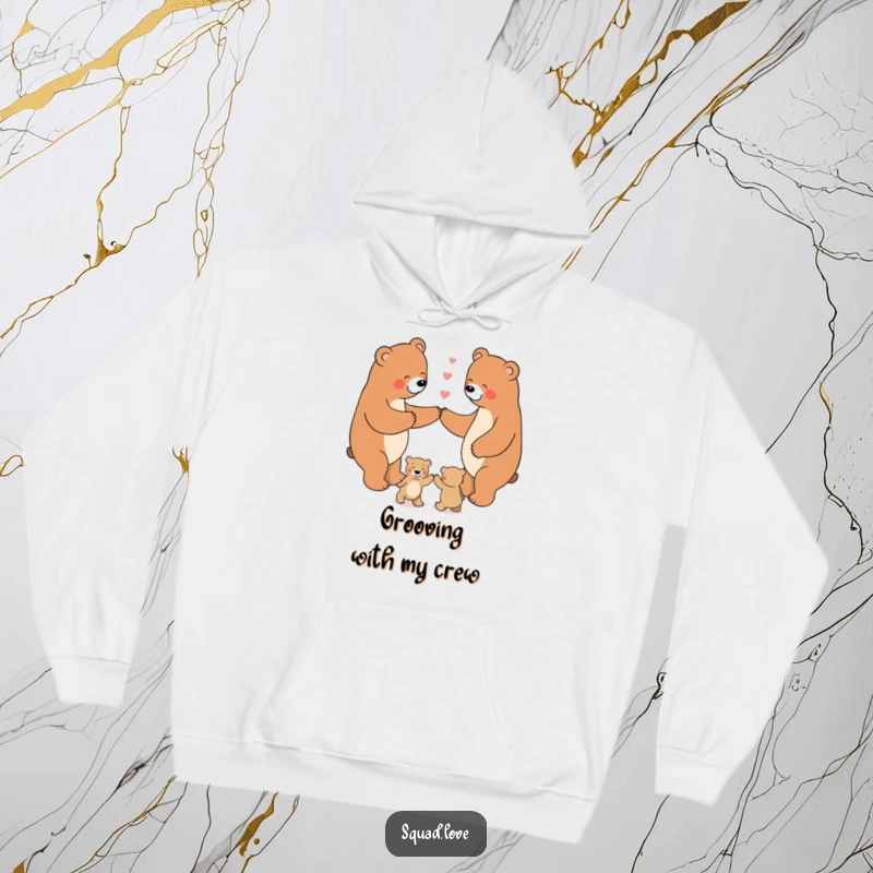 Funny Hoodie showcasing a happy bear family dancing in a circle while holding paws, offering warmth and a humorous, heartwarming design.