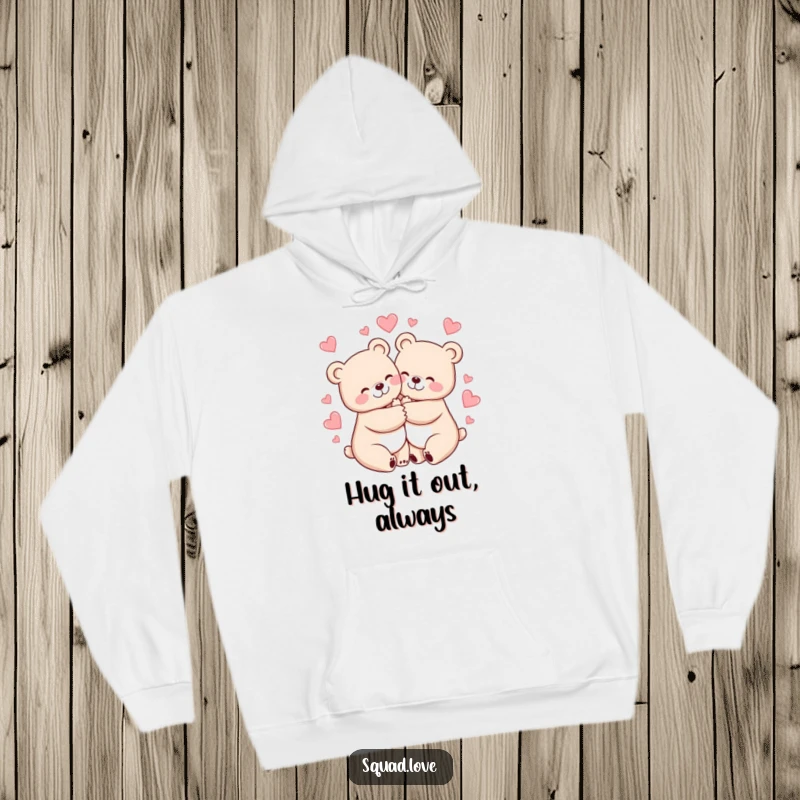 Funny hoodie with two cheerful bears hugging tightly, surrounded by hearts, providing cozy warmth and humor.
