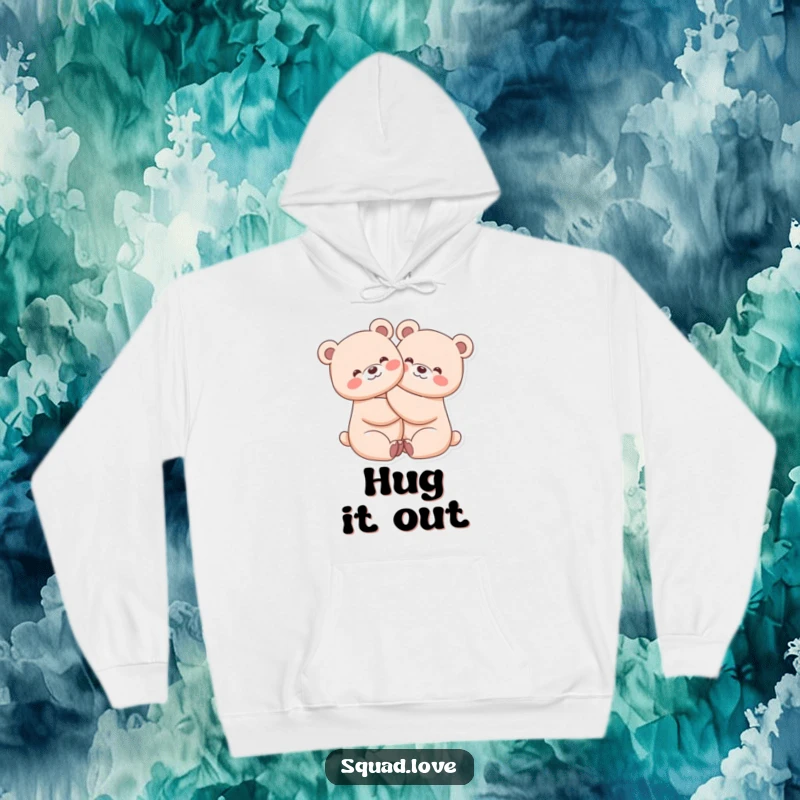 Funny hoodie showcasing two cute kawaii bears hugging tightly with wide, joyful smiles, perfect for cozy comfort.