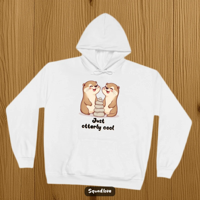 Funny hoodie with two happy otter friends laughing while balancing stones, offering warmth and humorous camaraderie.