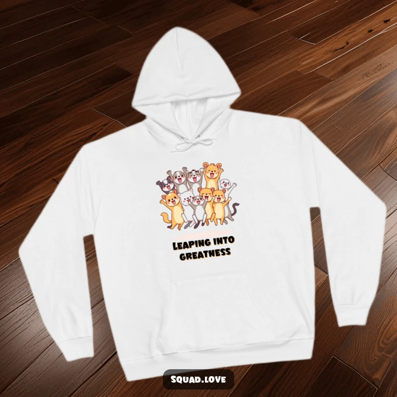 Funny, warm hoodie featuring a group of diverse, happy animals leaping and cheering together, perfect for celebrating friendship and good times.