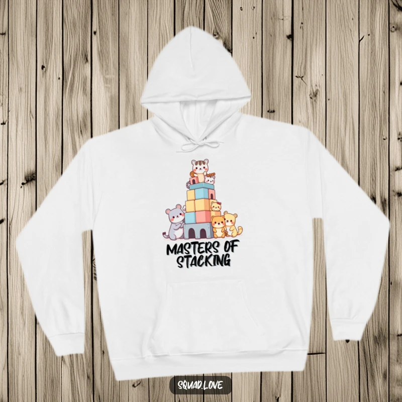 Funny hoodie featuring a heartwarming scene of multiple kawaii animals diligently constructing a giant block tower together, radiating cuteness and fun.