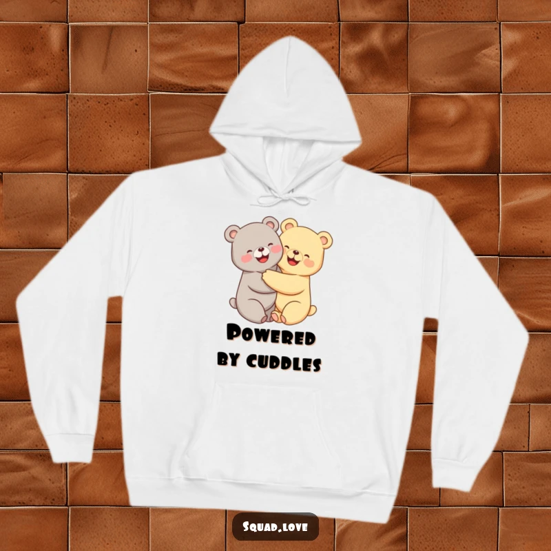 Funny kawaii bears hoodie, two adorable bears hugging tightly with joyful smiles, designed for ultimate warmth and friendship.
